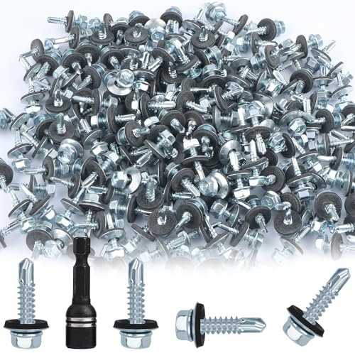 200 Pezzi Viti Autoforanti 4,8 x 19 mm e 1 Chiave a Bussola Esagonale Viti per Tetti Viti Autofilettanti con Guarnizione Viti Testa Esagonale Metallo per Lamiere Grecate Attrezzature Edili