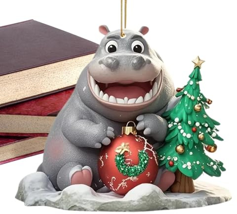 Christmas Hippo Ornament - Holiday Tree Decorations, Parties Decor Ornaments | Acrylic Hippopotamus 2d Ornaments, Cute Hippo Holiday Parties Decorations Ornaments for, Christmas Trees Home