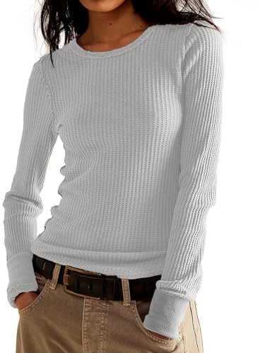 Bicondo Damen Waffelstrick-Tops Langarmshirts Slim Fit Pullover Rundhalsausschnitt Shirt Herbst Winter Tops 2024, GRAU, X-Klein