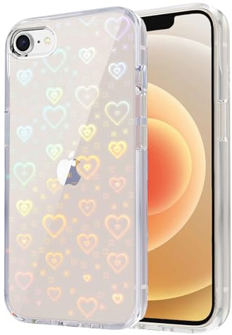 Riccase for iPhone 16e Case, iPhone 17e Case Clear Cute Glitter Holographic Heart Phone Case for Girls Women, Anti-Yellow Protective Hard PC Cover Soft Silicone Frame for iPhone 17e, Rainbow Heart