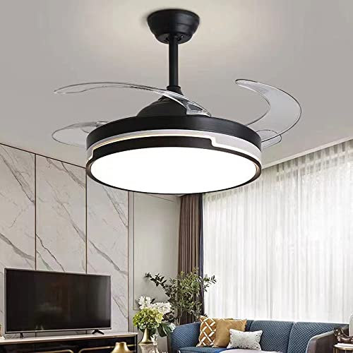 Negro moderno acrílico ventilador suspensión minimalista led control remoto tricolor dimming ventilador luz Abs hoja techo dormitorio sala comedor dormitorio