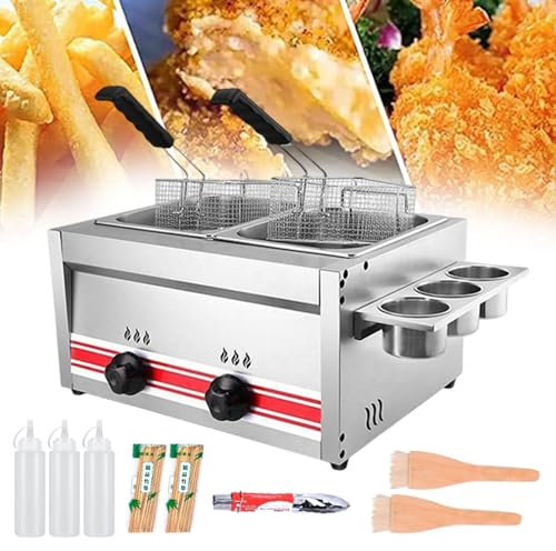 SFNIOKFG Freidora a Gas Comercial, freidora de Acero Inoxidable para Bares, restaurantes, Potencia de Fuego Ajustable, con Rejilla para condimentos y Botellas de Salsa, freidora a Gas de co