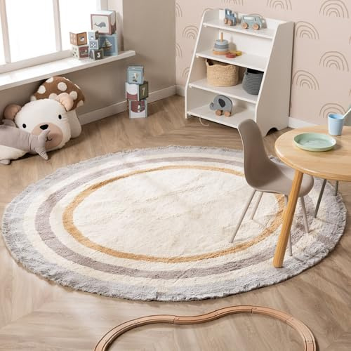 Little Olly Waschbarer Kinderteppich Rund - Milo Grau - Kante - Skandinavisch, Kinderzimmer, Babyzimmer, Jugendzimmer - Jungen - Mädchen - Carpet