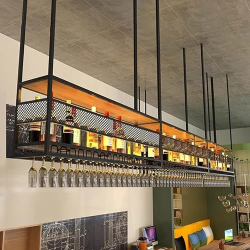 RAJYQODIS Botellero colgante para vino, de metal, para techo, de 2 niveles, para bar, restaurante, cafetería, cocina (negro, 180 cm)