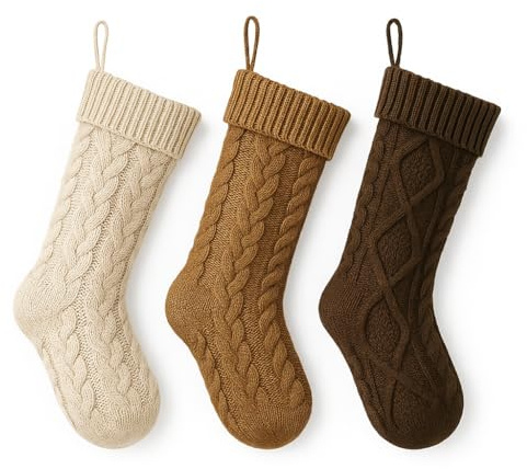 GEN:ZAI 3er-Set gestrickte Weihnachtsstrümpfe – Zopfstrick-Kamin hängende Dekoration – 46 cm neutrales Beige Braun Creme Xmas Kaminsocken für Urlaub Home Decor