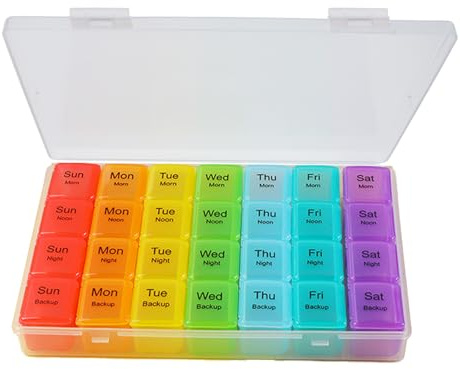 InYoHui XL Weekly Pill Box 7 Day 4 Times a Day, Travel Tablet Organiser | Large Pill Organiser with 28 Compartments, 7 day Medication Organiser for Pills Fish Oils Supplements, Easy Open and Carry