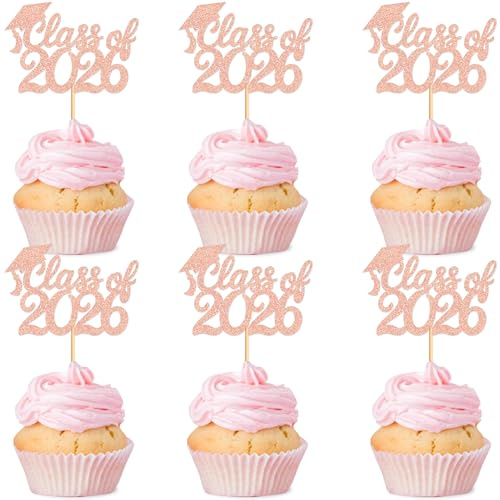 Cyodoos 24 Pcs 2026 Graduation Cupcake Toppers, Class of 2026 Cake Decorations with Mortar Board Picks for College University High School Grad Party（Rose gold）