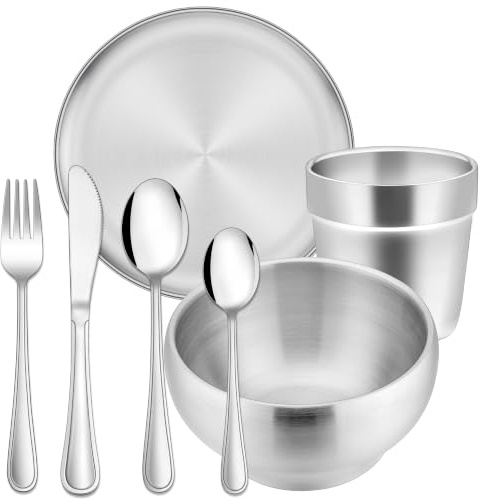 HaWare Kindergeschirr, 7-teilig Edelstahl Kinder Geschirr Set ab 3 Jahre, Kinderbesteck Set mit Kinder Gabel/Messer/Löffel/Teller/Müslischale/Tasse, Ungiftig & Gesund, Spülmaschinenfest
