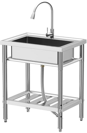 Garvee Évier Cuisine 1 Bac avec Établi, Évier Cuisine Acier Inoxydable sur Pied, Cuve avec Chaud/Froid Robinet, Égouttoir pour Cuisine, Restaurant, Garage, Buanderie (72 * 51 * 87 cm)