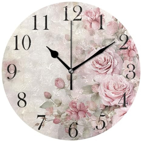 Mnsruu Wall Clock Pink Rose Flower Silent Non-Ticking Round Wall Clocks 25cm Battery Operated Clocks for Living Room Kitchen