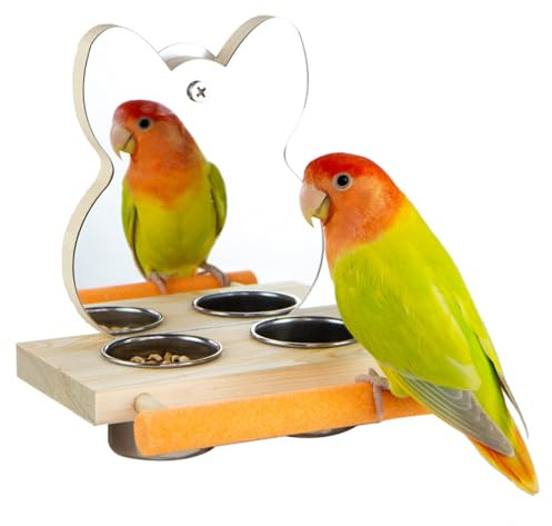 XineYuor Vogelspiegel,Vogel Spiegel Spielzeug mit Spiegel und 2 Fütterung Tassen,Vogelkäfig Sitzstangen Spiegel,Vögel Papagei Spielzeug Haustier Spielzeug Zubehör