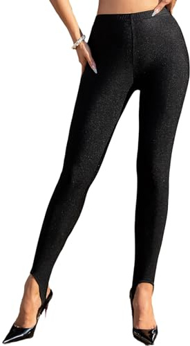 inlzdz Damen Leggings Lang Sportleggings Skinny Tights Sporthose Hohe Taille mit Steg Glänzend Yoga Training Fitness Kleidung Schwarz XL