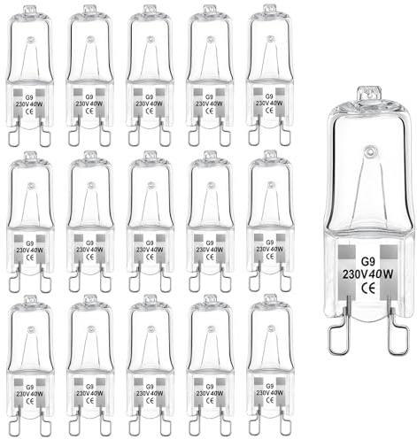 16 Pack G9 Halogen Light Bulbs, 40W 230V 2800K Dimmable Halogen Bulbs Two Prong Clear Capsule Lamps Warm White Wax Burner Bulbs for Plug-in Melt Burners Cooker Hood Oven Lamps Nightlights Warmers
