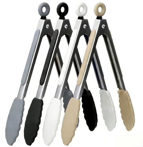 ZHIYE 7” Kitchen Tongs, 4 Pcs Silicone Tongs, Non-Slip Stainless Steel Clip with Locking Clip for Food, Cooking, BBQ, Serving, Salad, Ice, Heat Resistant Food Grade