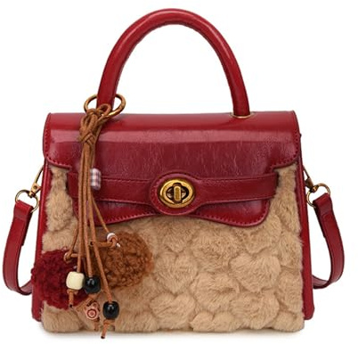 CORIOS Damen Elegant Tote-Handtasche Umhängetasche Crossbody-Tasche mit Süßem Pom-Pom-Anhänger Schultertasche mit PU Leder Plüsch Patchwork Obermaterial Klein Henkeltasche Tragetasche Rot