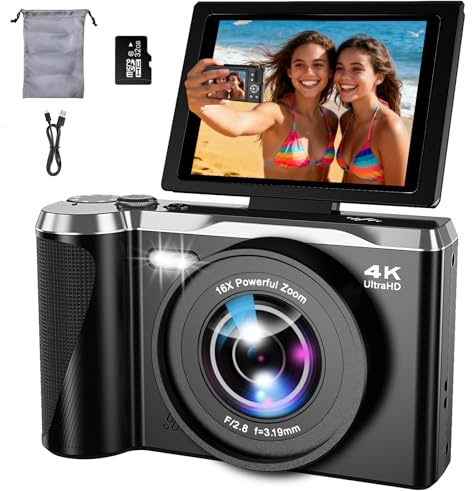 Fotocamera digitale 4K per fotografia e vlogging, autofocus da 56 MP, schermo flip a 180°, zoom 16x, fotocamera compatta da viaggio per bambini, ragazzi e principianti, scheda da 32 GB, tipo C