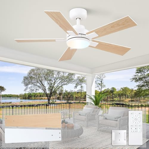 Wellspeed 42 inch White Cover Outdoor Ceiling Fan with Light and Remote | Reversible DC Motor, 6-Speed Quiet 3CCT LED Dimmable Ceiling Fans with Lights for Bedroom, Indoor and Cover Outdoor
