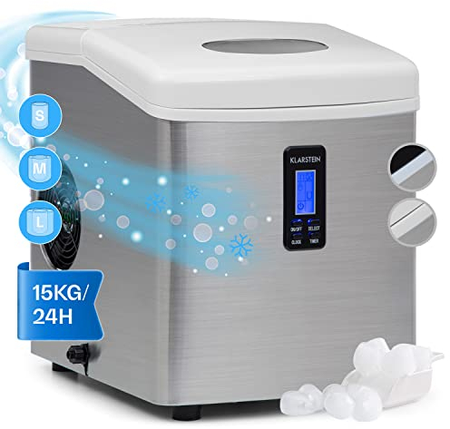 Klarstein Mr. Silver Frost Ice Maker - Ice Machine, 150W, 3.3L Tank, Tasteless Plastic Lining, Pump System, Easy-to-Clean, Low Operating Noise, Backlit LCD Display, Stainless Steel, White