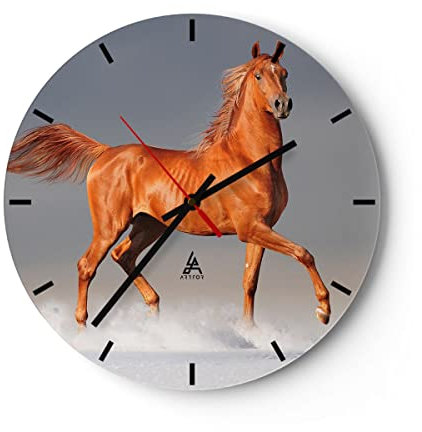 Modern Wanduhr Tiere Pferd Galopp Geschwindigkeit 40x40cm Rund Groß Wand Uhr Glas Analog Zimmeruhren Küche Büro Wohnzimmer Glasuhr Wall Clock Dekoration Design Wanddekoration Küchenuhr C3AR40x40-2590