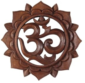 Om Symbol,Aum' Zeichen Mandala Relief Mantra Sanskrit Devanagari Deko Soar Holz Rund, Größe:15 cm Ø