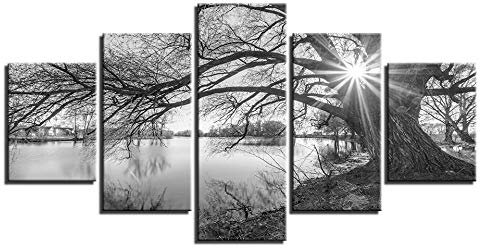 FFFZDCKAY sur Toile Tableaux 5 Parties 5 Panneaux Lakeside Grand Arbre Peintures Noir Blanc Paysage Décor À La Maison pour Le Salon Mur Art Affiche s Toile Photo sans Cadre