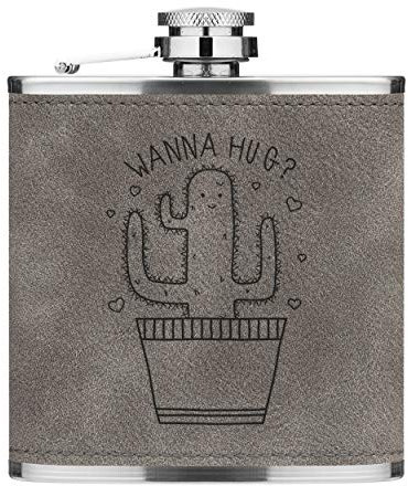 Kaktus Wanna Umarmende 6oz Pu-Leder Flachmann Grau Luxe