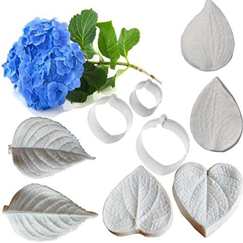 9Pcs Hydrangea Leaf Petal Veiner & Cutter Sets, Stainless Steel Flower Petal Cookie Cutters, Silicone Fondant Gumpaste Mould 3D Cake Baking Moulds DIY Sugarcraft Cake Decorating Molds Bakeware
