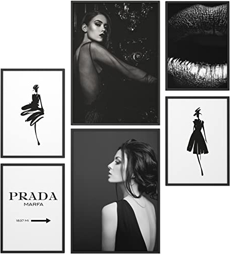 Papierschmiede® Mood Poster Set Fashion, Gerahmte Bilder (Rahmen: Material und Farbe wählbar), Wohnzimmer Deko Wandbilder Schlafzimmer, 2x A3 und 4x A4, Black and White Style Schwarz-Weiß