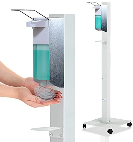 KRIEG Desinfektionssäule mit Auffangschale stehend I Grau I Hygienestation freistehend & mobil I Hygienesäule mit Desinfektionsmittel I 1000 ml - 333 Sprühstöße I Ready to go