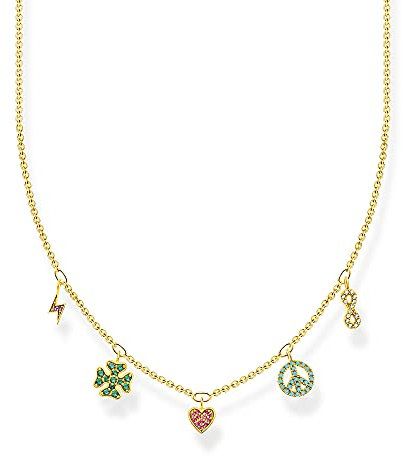 THOMAS SABO Damen Halskette mit bunten Symbolen 925er Sterlingsilber 750er Gelbgold Vergoldung mit Zirkonia, Länge: 38cm - 42cm, KE2123-488-7-L42V