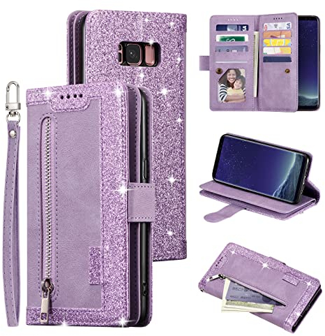 EYZUTAK Handyhülle für Samsung Galaxy S8 Plus Hülle,Flip Case Lederhülle Reißverschluss Magnetverschluss Brieftasche mit 9 Kartenfächern Standfuntion Retro Matt Ledertasche-Glitzer Lila