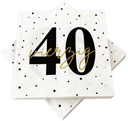 in due 20 Servietten zum 40. Geburtstag 33 x 33 cm - Weiß, Schwarz, Gold