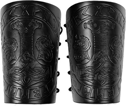 Thajaling 2 Pieces Viking Bracers, Mjolnir Embossed Arm Guards, Handcrafted Leather Armguards, Medieval Gauntlet Wristband, Vintage Dragonweave Bracers for Men (Black)