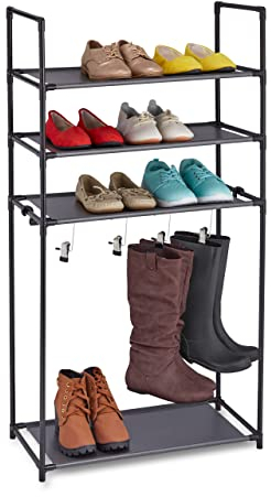 Relaxdays Schuhregal mit Stiefelfach, 16 Paar Schuhe, Stecksystem 4 Ebenen, 4 Stiefelklammern, Flur & Diele, schwarz, 119 x 60 x 30 cm