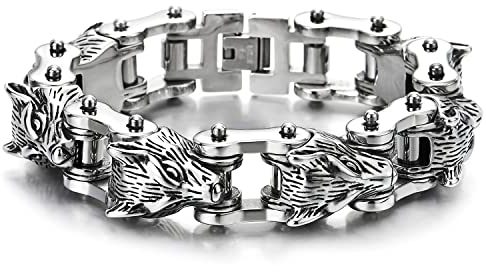 COOLSTEELANDBEYOND Herren Schwere und Robust Edelstahl Wolfskopf Gliederkette Motorrad Biker Kette Armband mit Faltschließe Poliert