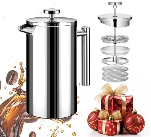 WORBIC French Press Kaffeebereiter, Edelstahl, doppelwandig, isoliert, 3 zusätzliche Filter & Kaffeelöffel für heißes/kaltes Gebrühen, langlebige Kaffeepresse für Zuhause, Camping, Büro, Silber