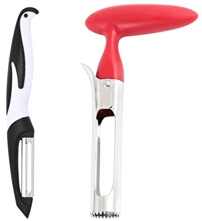 TSLRSA 1PCS Epluche Pomme,Vide Pomme, Vide Trognon Pomme ou de Poire en Acier Inoxydable,avec Poignée en ABS et Lame Dentelée en Acier Inoxydable Apporter(Rouge),Couteau d'office Bonus(Blanc)