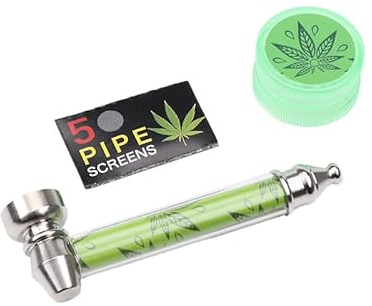 Pur-Pfeifen Set | Hochwertige Glaspfeife | Grinder/Crusher | 5 Edelstahlsiebe | Gebrauch von Tabakwaren (hellgrün)