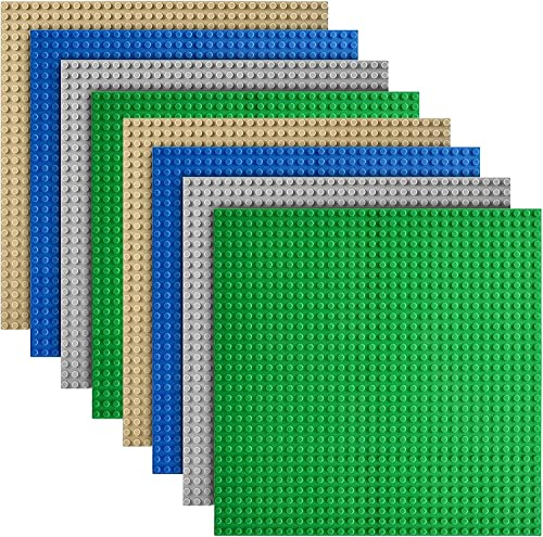 TINGLAND 8 Pcs Building Blocks Baseplates, Classic Baseplates for Building Bricks 100% Compatible with Major Brands-Baseplates 10 x 10, 2 Green, 2 Grey, 2 Blue, 2 Sand