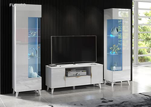 Furneo High Gloss & Matt White Living Room Set TV Stand Display Cabinets Azzurro8/12 Blue LED Lights