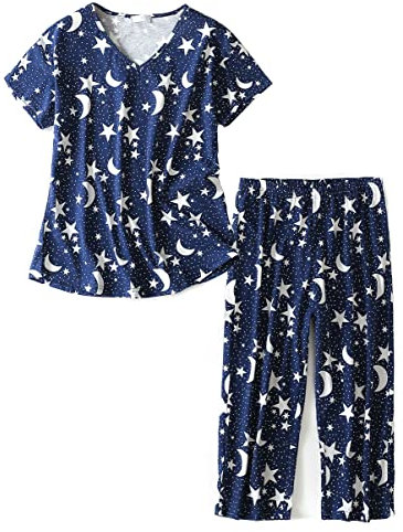 CHUNG Women Cotton Blend Pyjamas Set Short Sleeve Top Capri Pants Plus Size S-3XL Sleepwear Nighties Navy Star,3XL