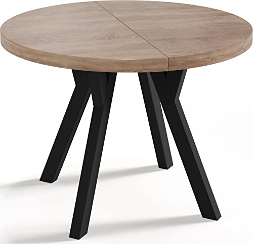 WFL GROUP Designer Runder Ausziehbarer Esstisch - Loft-Stil, Industriell, Platzsparend - Schwarze Beine - 100 bis 200 cm - für 5-10 Personen - Hergestellt in EU - Sonoma Eiche - 200 cm