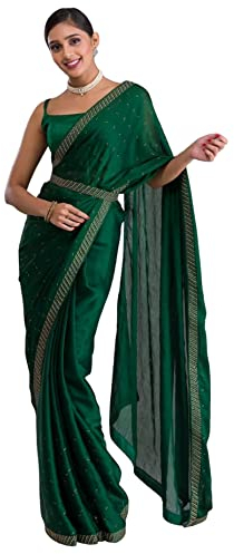 TRENDMALLS Sari de travail Siroski en mousseline de soie avec ceinture pour femme, vert foncé, taille unique