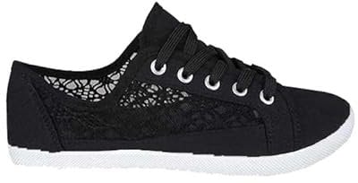 Womens Canvas Shoes Trainers Casual Plimsolls LACE UP Flat Embroidered Pumps Size UK 3-7 (EU 36-40) (Black, UK_Footwear_Size_System, Adult, Women, Numeric, Medium, Numeric_5)