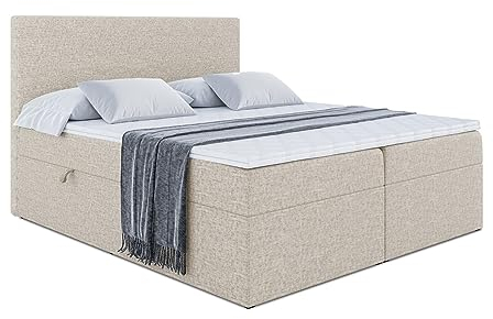 ALTDECOR Boxspringbett mit H3-Matratze (20 cm hoch) mit Bonellfederung + PUR, Topper (4 cm hoch), Polsterbett mit Kopfteil und Bettkasten - LUKI - 180x200 - Beige Inari 22