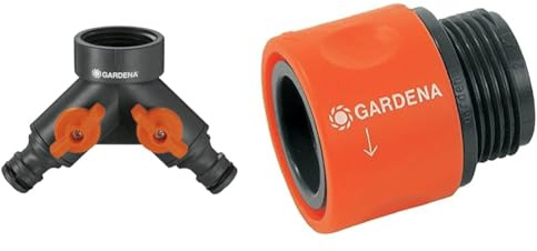 Gardena Vanne à 2 voies: Distributeur d'eau pour robinet avec filetage de 26,5 mm & Pièce de tube de transition: pièce de connexion en tant que transition d'un raccord de tuyau