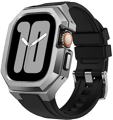 AIRYZGOOD Luxury Metal Case with Band Compatible for Apple Watch Band 44mm 45mm,Men Rugged Protective Bumper Cover with Soft Silicone Strap for iWatch Series SE3/SE2/SE/6/5/4(Silver 44MM)