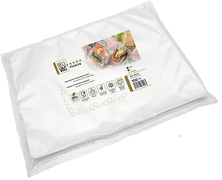 DeliVac Vakuumierbeutel 30 x 40 – 100 Stück, geprägte Vakuumbeutel für alle Vakuumierer, BPA-frei, lebensmittelecht, ideal für Sous-Vide, Gefrierschrank & Lebensmittelaufbewahrung