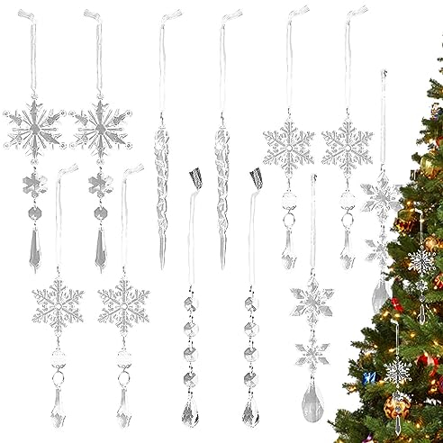 Weihnachtseiszapfen, Weihnachtsbaumschmuck, 10/24 Stück Weihnachten Deko Kristall Christbaumschmuck Anhänger, Acryl Eiszapfen Schneeflocke Eistropfen Anhänger, Acryl Schneeflocken hängende Ornamente