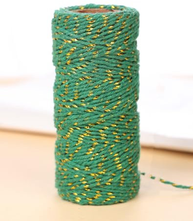 SYSUII 50m Grün Gold Bindfäden, 1.5mm Bäcker Bindfäden Baumwolle Handwerk Bindfäden Bastelschnur Dekokordel Schnur Baumwollschnur Perfekt für DIY Handwerk, Geschenke Verpacken, Weihnachts Dekoration